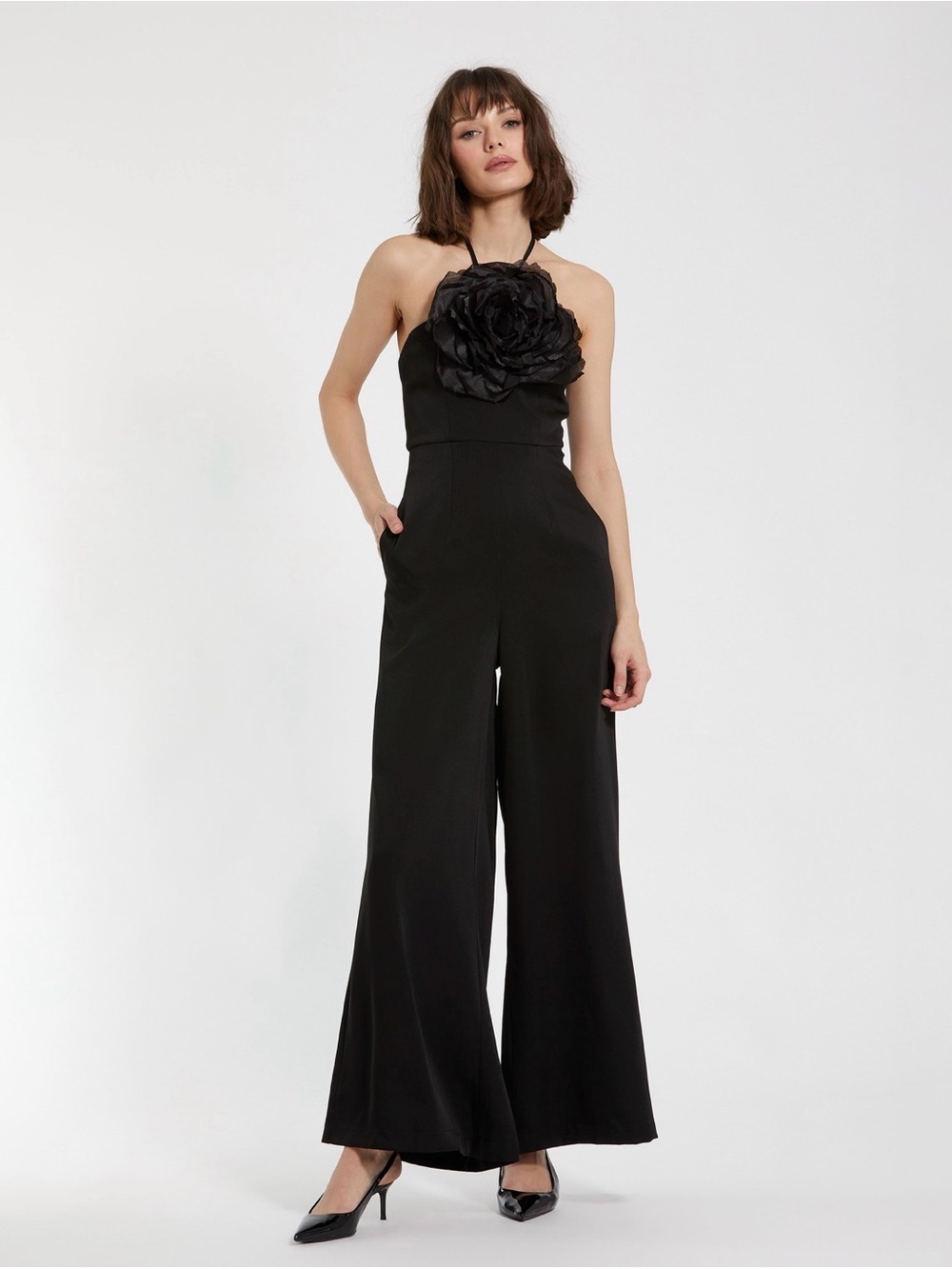 Mac Duggal Black Halter Wide-Leg Jumpsuit with Statement Rosette